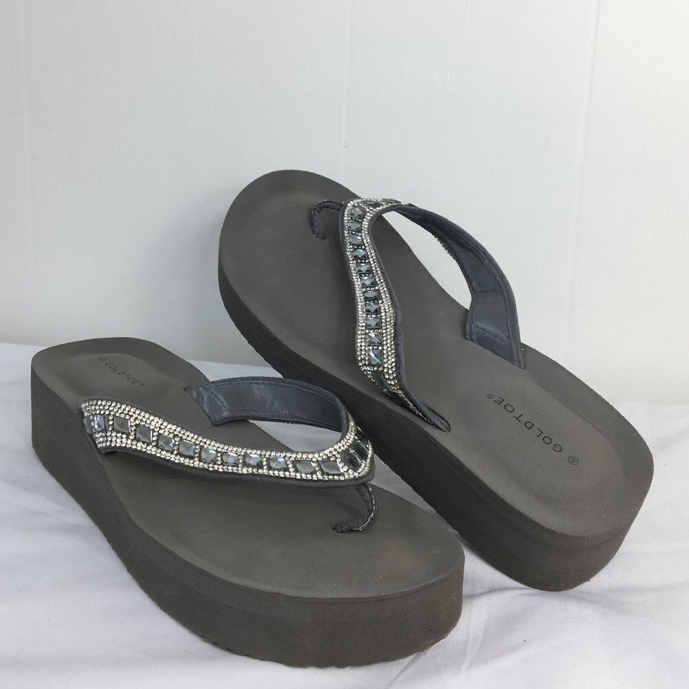 Gold Toe Platform Wedge Thong Sparkle Embellished Sandals Size 10 EXCELLENT
